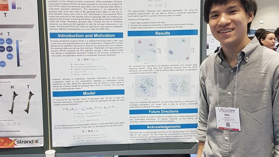 Alec presents his poster on Binomial probabilistic component analysis for genotype data at ASHG 2018 in San Diego!